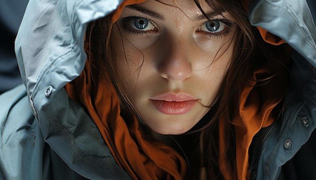 Free photo young woman looking at camera wet hair outdoors in rain generated by artificial intelligence