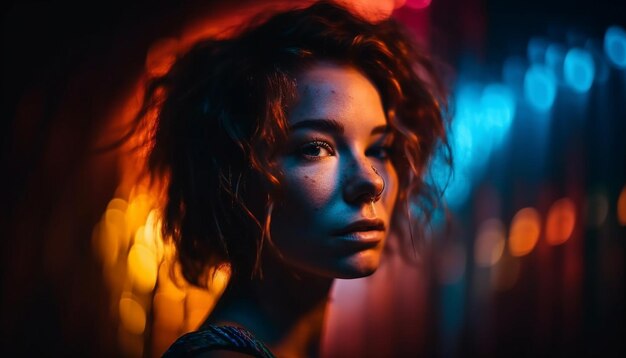 Young woman looking glamorous illuminated by nightlife generated by AI