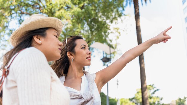 Young woman looking at her friend pointing at something in the park