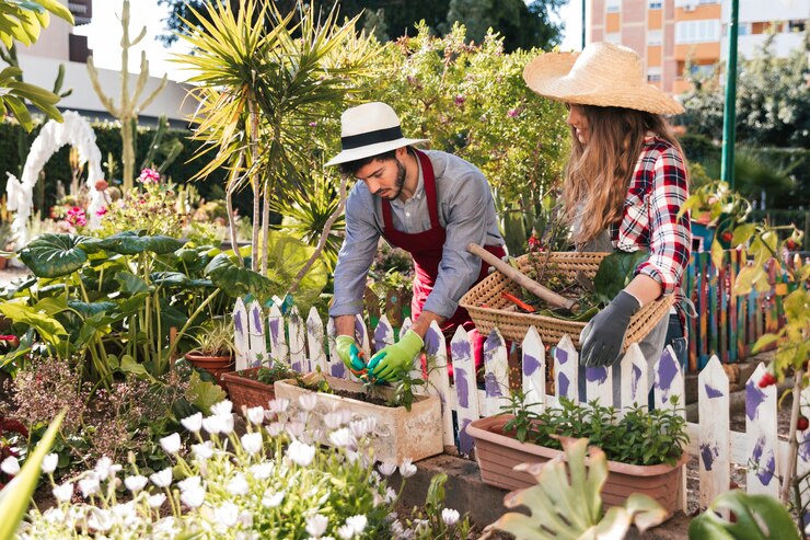 Free Photo young woman looking at male gardener pruning the plant in the garden