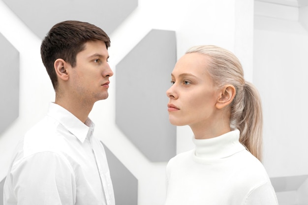 Young woman and man wearing white clothes