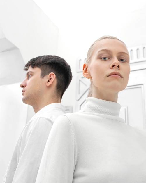 Young woman and man wearing white clothes