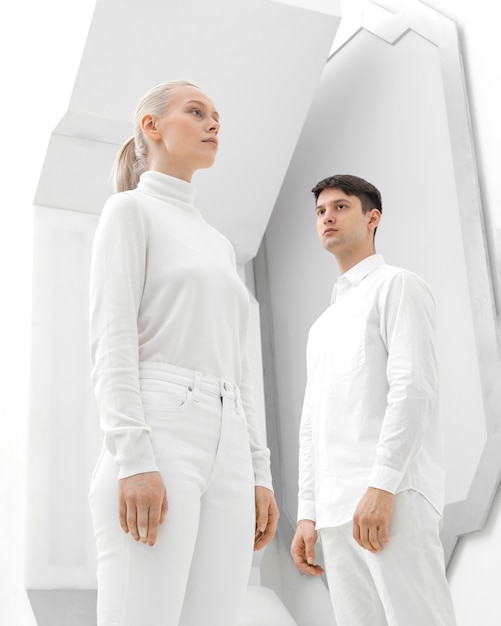 Young woman and man wearing white clothes