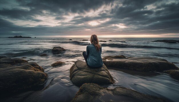 AI によって生成された夕暮れ時に穏やかな海岸線で瞑想する若い女性