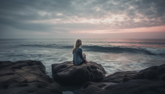 Free photo young woman meditates on serene seascape cliff generated by ai