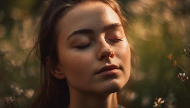 Young woman in nature beauty in simplicity generated by AI