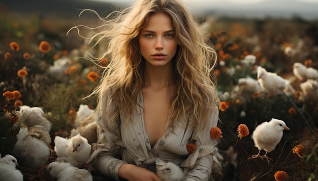 Young woman in nature looking at camera holding a flower generated by artificial intelligence