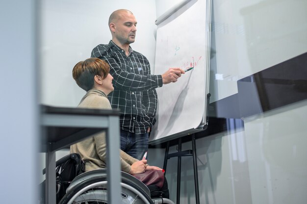 Young woman in office looking at flip chart