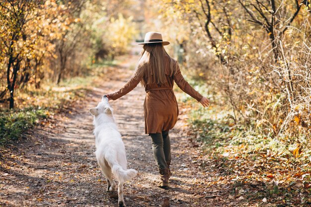 彼女の白い犬と公園の若い女性