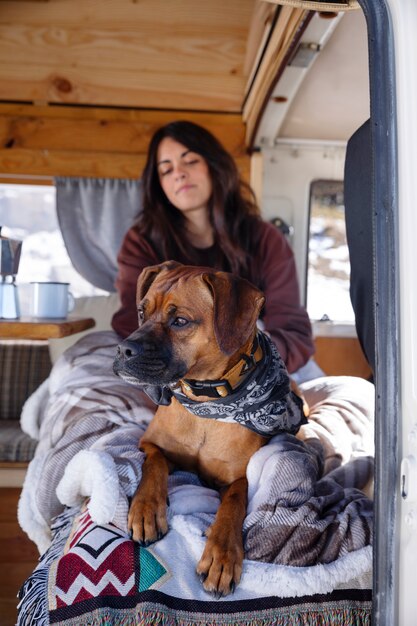 Young woman petting her boxer after waking up in a camper van during winter trip