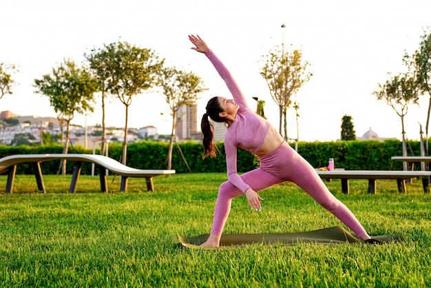 ピンクのシャツとズボンの緑の公園の中の芝生の上の若い女性瞑想とさまざまなポーズでヨガをやって