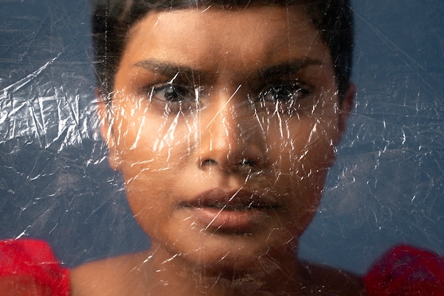 Free photo young woman portrait behind plastic wrap