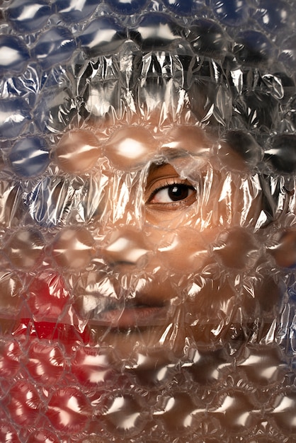 Free photo young woman portrait behind plastic wrap