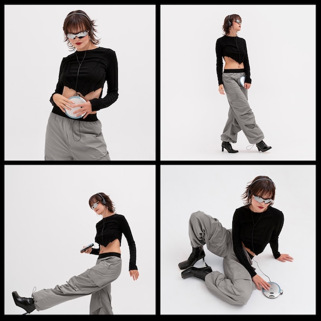 Молодая женщина позирует в стиле моды 2000-х годов