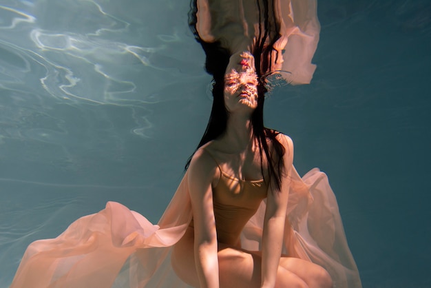 Young woman posing submerged underwater in a flowy dress