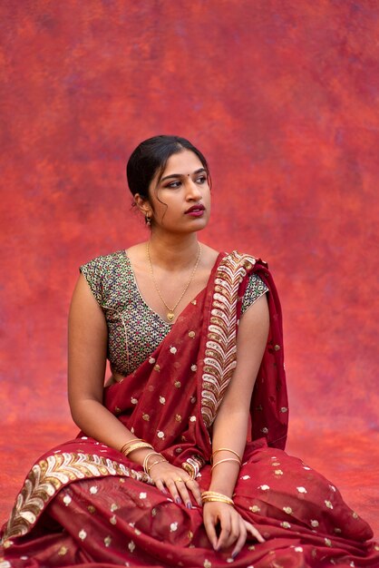 Young woman posing while wearing traditional sari garment