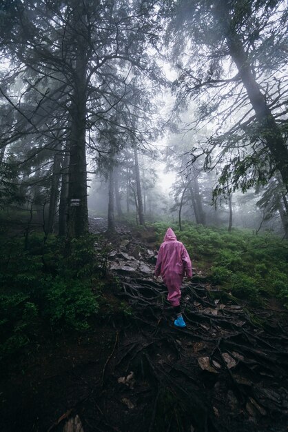 Young woman in a raincoat walks through the forest in the rain