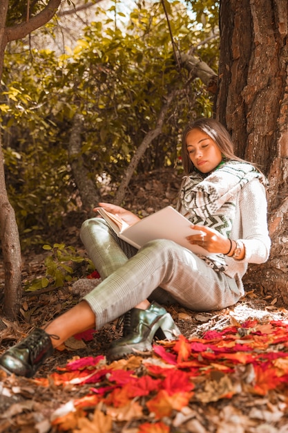 秋の森で読書する若い女性