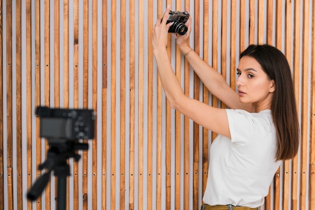 Young woman recording live