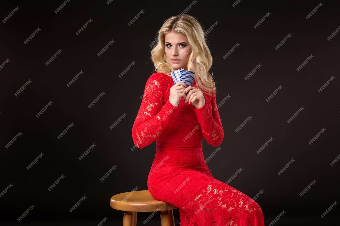 young woman red dress casino with cards black background poker 639032 238