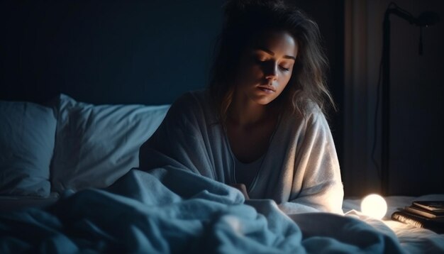 Young woman resting in dark lonely bedroom generative AI