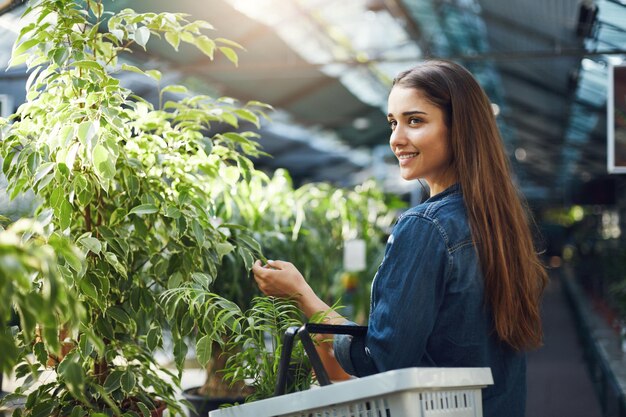 Young woman shopping for flowers and plants in a home garden store