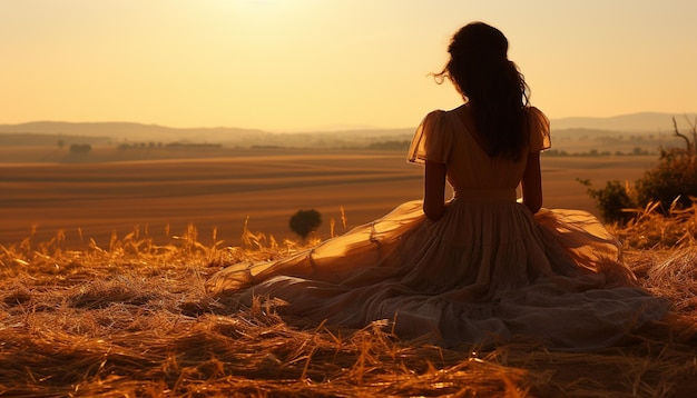 A young woman sitting in a meadow enjoying the sunset generated by artificial intelligence