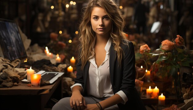 Free photo a young woman sitting smiling holding a candle looking at camera generated by artificial intelligence