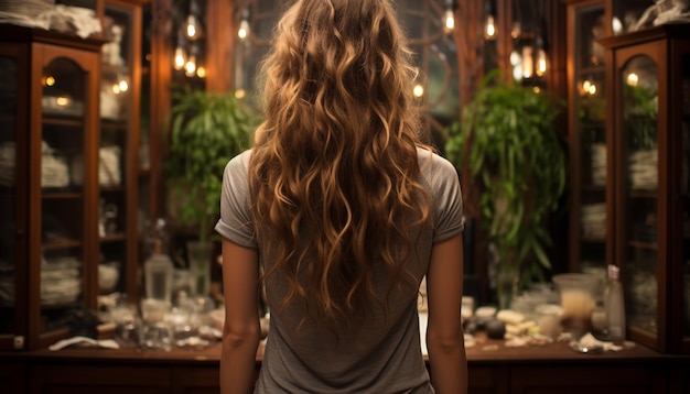 Free photo young woman sitting at a table enjoying the christmas lights generated by artificial intelligence