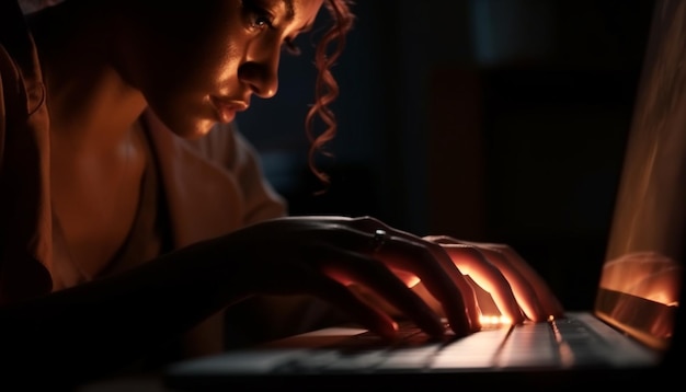 Young woman sitting at table working on computer generated by AI