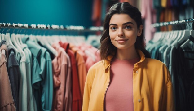 Young woman smiling choosing fashionable clothing indoors generative AI