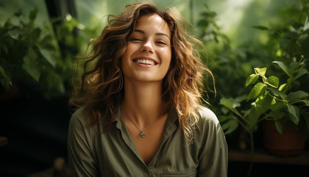 Free photo young woman smiling outdoors enjoying nature beauty and relaxation generated by artificial intelligence