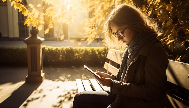 Young woman smiling reading on bench outdoors generated by AI