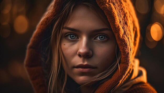 Young woman smiling in winter fashion outdoors generated by AI