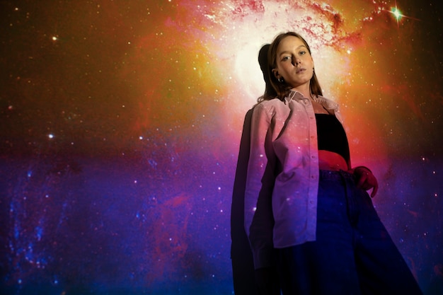 Free photo young woman standing in universe texture projection