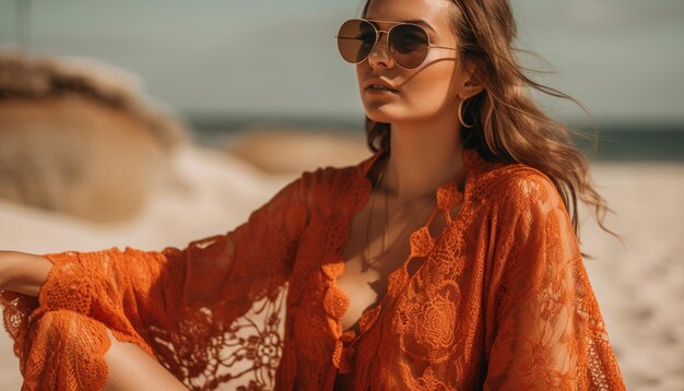 Young woman in sunglasses enjoys summer sunset generated by AI