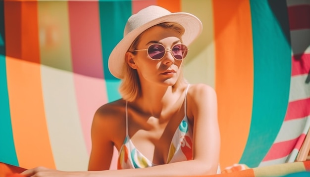 선글라스를 쓴 젊은 여성은 AI가 생성한 여름 휴가를 즐긴다