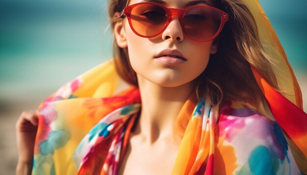 Free photo young woman in sunglasses exudes summer elegance generated by ai