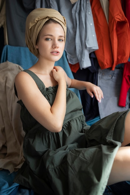 Young woman surrounded by piles of clothes