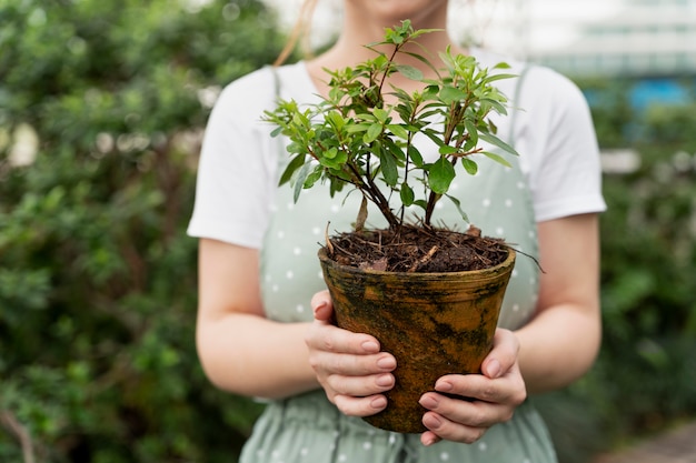 彼女の植物の世話をする若い女性