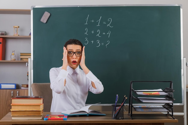 안경을 쓴 젊은 여성 교사가 교실 칠판 앞에 앉아 혼란스럽고 놀란 표정으로 수업을 설명하고 있다