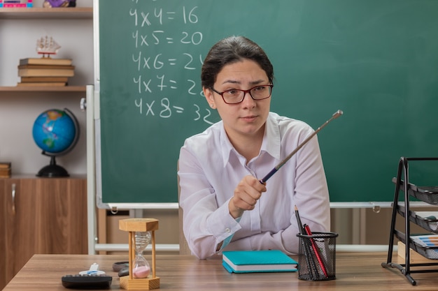 Молодая женщина-учитель в очках смотрит в сторону с серьезным лицом, указывая указателем на что-то объясняя урок, сидя за школьной партой перед доской в классе