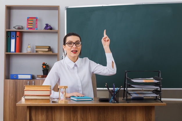 人差し指で自信を持って指さしている眼鏡をかけている若い女性教師は、教室の黒板の前にある学校の机に座って素晴らしいアイデアを持っています