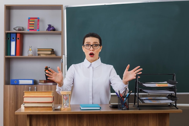 Young woman teacher wearing glasses looking confused spreading arms to the sides sitting at school desk in front of blackboard in classroom