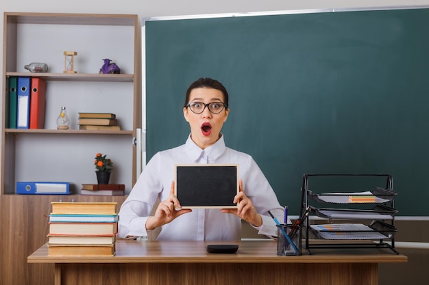 Young woman teacher wearing glasses showing small chalkboard looking at camera being surprised sitting at school desk in front of blackboard in classroom