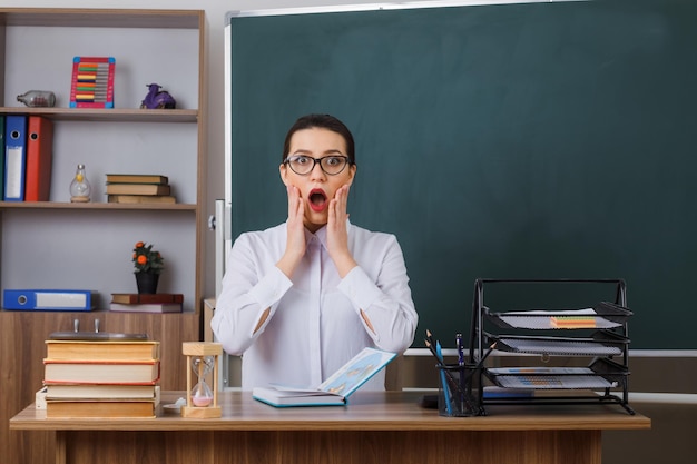 Foto gratuita insegnante di giovane donna che indossa occhiali seduto al banco di scuola davanti alla lavagna in classe guardando la fotocamera in preda al panico essendo scioccato