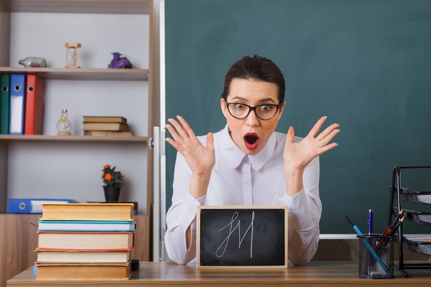 Young woman teacher wearing glasses with small chalkboard sitting at school desk in front of blackboard in classroom looking amazed and surprised