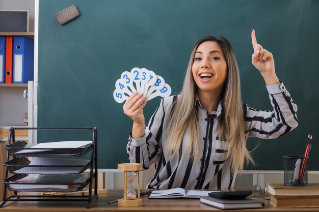 교실에서 칠판 앞에 앉아 있는 젊은 여성 교사는 검지 손가락이 행복하고 기쁘게 보이는 번호판을 들고 수업을 설명하고 있다