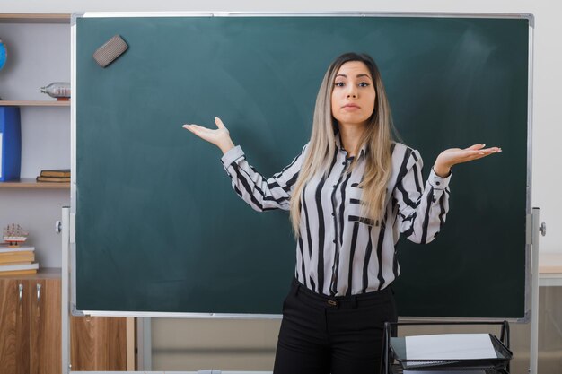 young woman teacherstanding near blackboard in classroom explaining lesson looking confused spreading arms to the sides having no answer