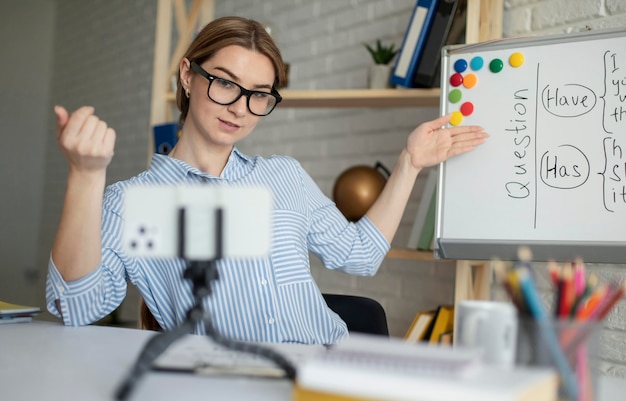 Young woman teaching students an english lesson online